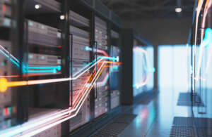 Modern dark data center, focus on the foreground, 3D render
